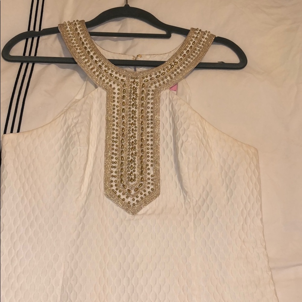 Lily Pulitzer White Shift Dress with Gold Beading